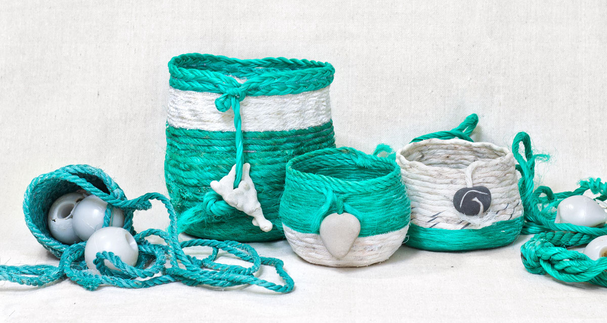 Ghost Net Baskets recycled fishing rope fiber art sculpture by artist Emily Miller